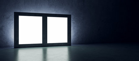 Clean exhibition hall interior with empty white banner and reflections on concrete flooring. Mockup, 3D Renderingの写真素材