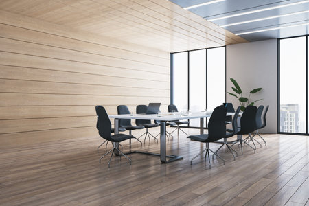 New wooden plank conference room interior with table, chairs and panoramic window with city view. 3D Renderingの写真素材