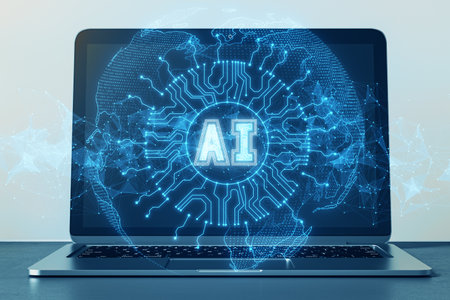 Close up of laptop with glowing digital polygonal AI and globe hologram on blurry background. Artificial intelligence, metaverse and technology concept. 3D Renderingの写真素材