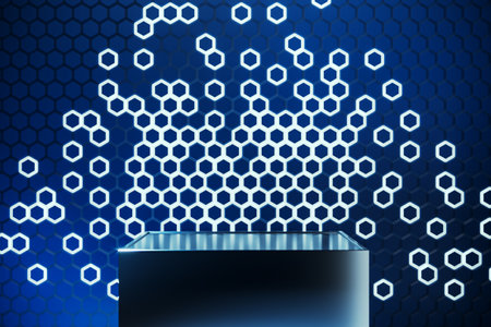 Empty pedestal with mock up place on blue hexagonal background. creative presentation concept. 3D Renderingの写真素材