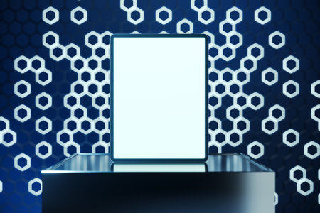 Empty white tablet screen on pedestal with mock up place and blue hexagonal background. creative...