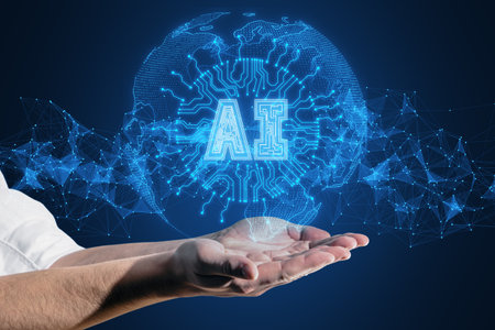 Close up of businessman hands holding glowing digital polygonal AI and globe hologram on blue...