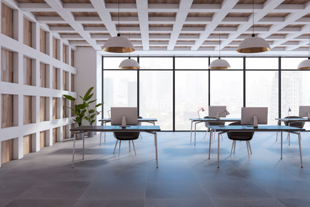 Contemporary designer office interior with furniture, equipment, decorative wall and window with city view and daylight. 3D Renderingの写真素材