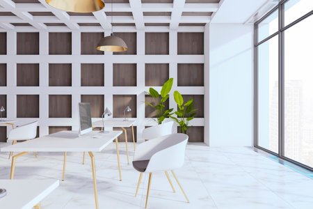 Light designer office interior with furniture, equipment, decorative wall and window with city view...
