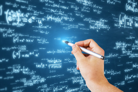 Close up of male hand using glowing digital math formulas hologram on blurry background. AI and...