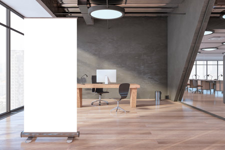 Modern wooden and concrete office interior with blank white mock up roll up banner, furniture,...