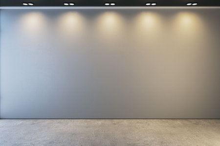 Modern museum or exhibition hall interior with illuminated mock up place on concrete wall. 3D...