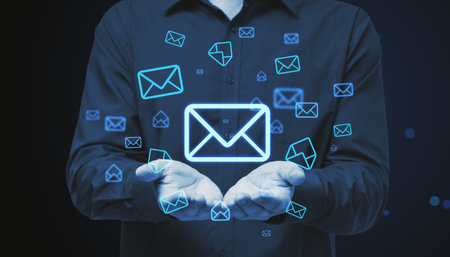Close up of businessman hands holding glowing email letter icons on dark blue background. Communication and business message conceptの写真素材