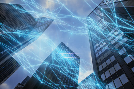 Abstract glowing polygonal mesh on bright city background. Smart city concept. Double exposure