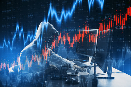 Side view of hacker using laptop and desktop with creative glowing forex chart on blurry background....