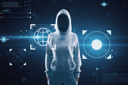 Hacker with creative hacking interface on dark background. Code window high tech UI and spyware conceptの写真素材
