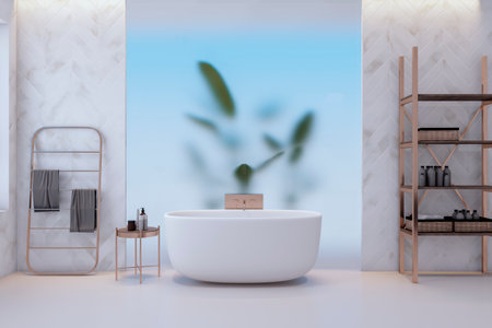 Clean light stylish bathroom interior with decortaive plant, glass and other objects. 3D Renderingの写真素材