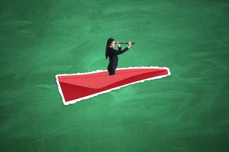 Side view of young businesswoman with telescope flying on abstract red paper plane on chalkboard wall background. Leadership, journey, discovery and career conceptの写真素材