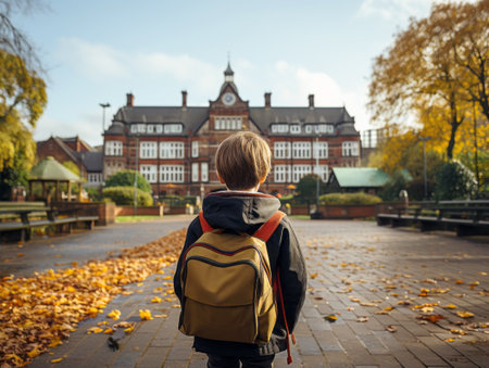 Back view of little boy with backpack standing in front of the university building in autumn. Generative AIの素材