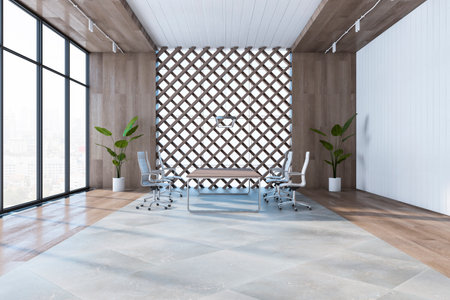 Luxury bright meeting room interior with panoramic window and city view, furniture and decorative...