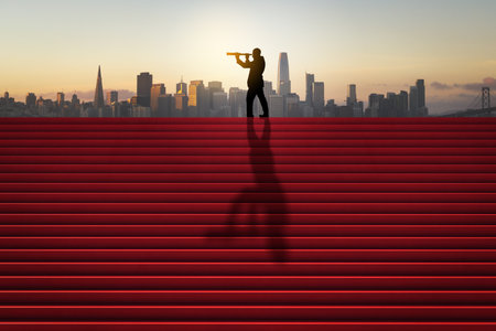 Side view of businessman silhouette with telescope looking into the distance on red stairs with shadow and city skyline in the background. Success, tomorrow, future and vision conceptの写真素材