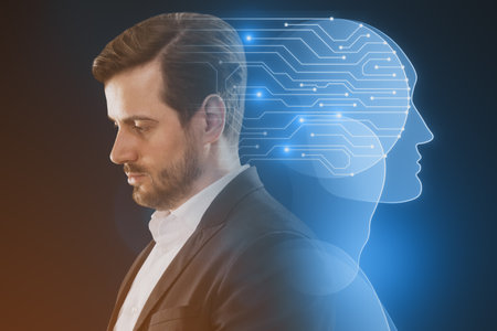 Side portrait of attractive young European man with circuit head on blurry blue background. Artificial intelligence and robotics conceptの写真素材
