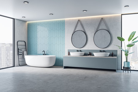 Clean blue hotel style bathroom interior. 3D Renderingの写真素材