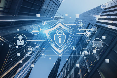 Creative glowing padlock hologram on blurry city background with various icons. Safety and security...