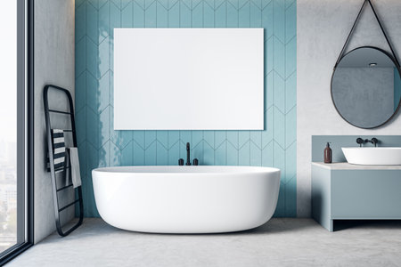 Modern blue hotel style bathroom interior with empty mock up banner on wall. 3D Renderingの写真素材