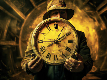 A portrait of a steampunk man holding a clock in his hand. Generative AIの素材