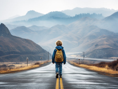 Back view of boy with backpack walking on asphalt road in the mountains. Generative AIの素材