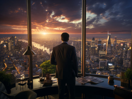 Businessman looking at the city from the window. Business concept. Generative AIの素材
