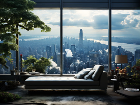 modern living room with panoramic view of city skyline. Generative AIの素材