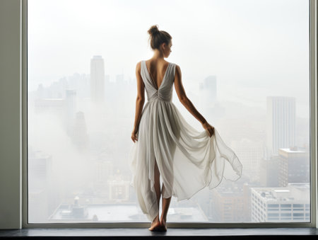 Beautiful young woman in white dress standing on the windowsill and looking at the city. Generative AIの素材