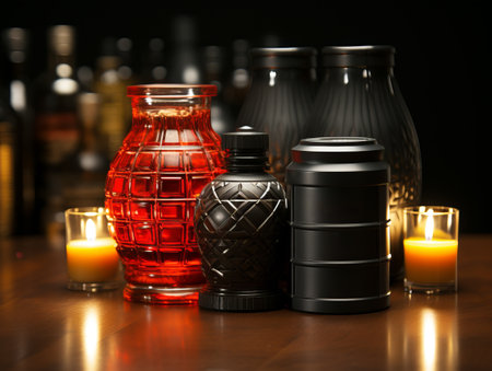 Bottles of alcoholic beverages on wooden table, mockup. Generative AIの素材