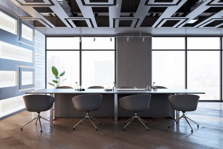 Modern conference room interior with window and city view, furniture, wooden flooring and decorative pattern on wall. 3D Renderingの写真素材