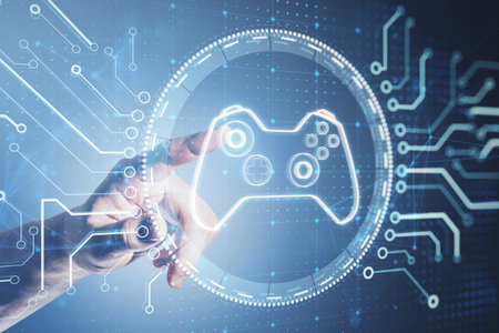 Close up of business man hand pointing at creative joystick or gamepad hologram on blurry...