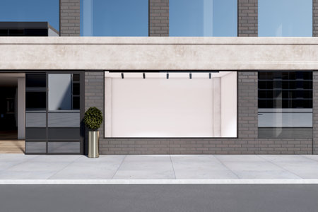 Clean modern storefront window with white mock up place for your advertisement and decorative plant....