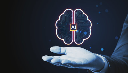 Close up of businessman hand holding creative digital brain hologram with circuit on blurry blue...