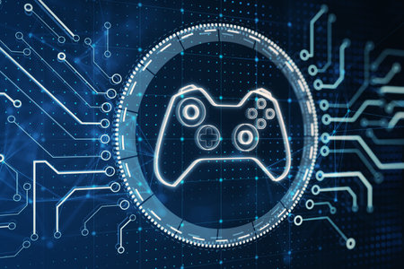 Creative joystick or gamepad hologram on blurry blue circuit backdrop. Esport, gaming and fun...