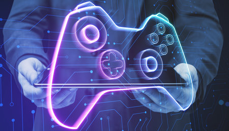 Close up of businessman hand holding creative joystick or gamepad hologram on blurry background....