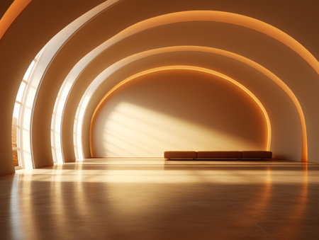 Modern interior with empty bench and light at the end. Generative AIの素材