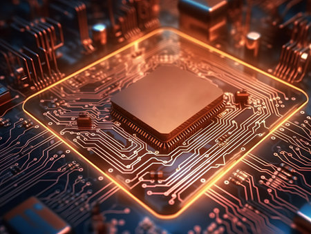 Closeup of electronic circuit board with processor. Generative AIの素材