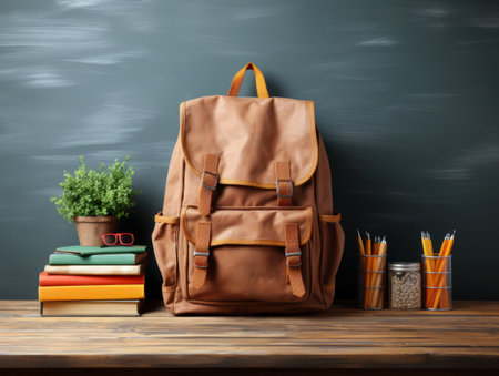 Backpack with books and stationery on wooden table against blackboard. Generative AIの素材