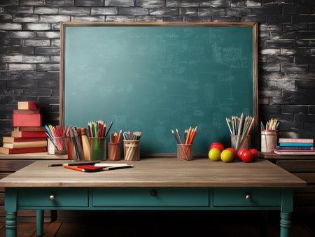 Back to school concept with blackboard and school supplies on wooden table. Generative AIの素材