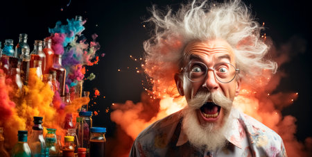Funny crazy old man with long white beard and mustache in glasses and colorful smoke on black background. Generative AIの素材