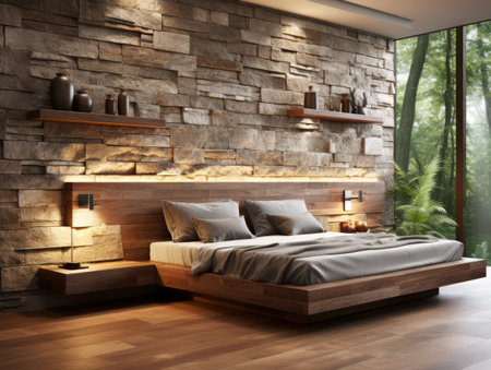 Interior of modern bedroom with stone wall and wooden floor. Generative AIの素材