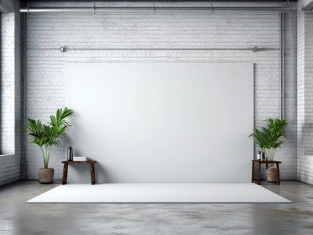 Modern loft interior with empty white wall and concrete floor. Generative AIの素材