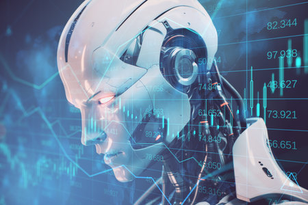 Humanoid robot working with virtual graphic of stock market chart. Generative AIの素材
