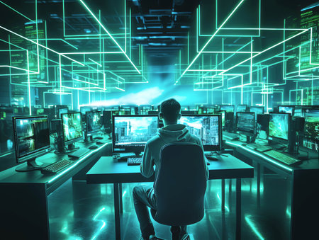 Rear view of a hacker sitting in front of a computer monitor and looking at the screen. The concept of cybercrime and hacking. Generative AIの素材