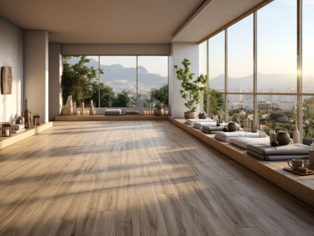 Interior of modern yoga room with wooden floor. Generative AIの素材
