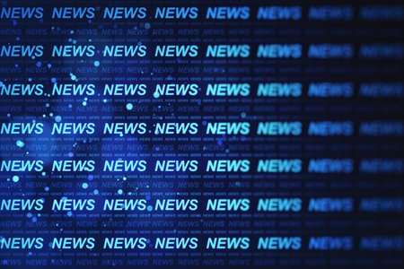 Creative hi-tech news hologram on blurry blue backdrop. Television and digital communication concept. 3D Renderingの写真素材