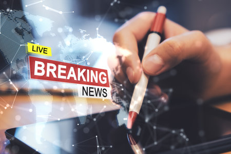 Close up of businessman hands using digital tablet with pad and creative polygonal hi-tech breaking...