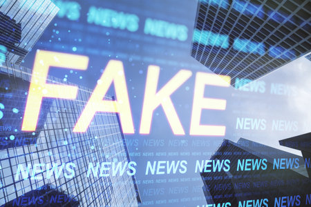 Creative hi-tech news hologram on blurry city backdrop with bright 'fake' word. Television, fake news and digital communication concept. Double exposureの写真素材