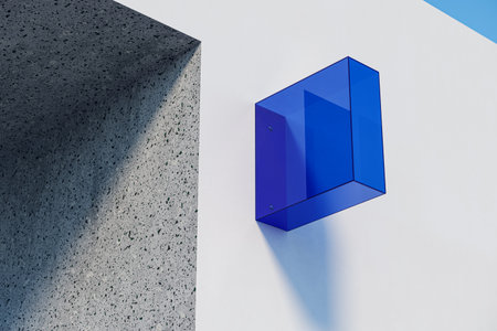 Close up of clean blue glass sign or stopper on concrete building exterior. Advertisement concept. Mock up, 3D Renderingの写真素材